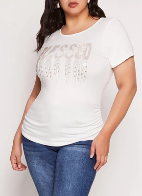 Womens Plus Size Blessed Rhinestone Beaded Graphic Tee, White, Size 2X