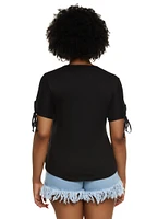 Womens Plus Size Lace Up Notch Neck Tie Sleeve Tee, Black, Size 3X