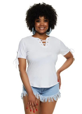 Womens Plus Size Lace Up Notch Neck Tie Sleeve Tee, White, Size 4X