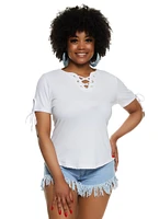 Womens Plus Size Lace Up Notch Neck Tie Sleeve Tee, White, Size 4X