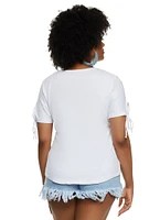 Womens Plus Size Lace Up Notch Neck Tie Sleeve Tee, White, Size 4X