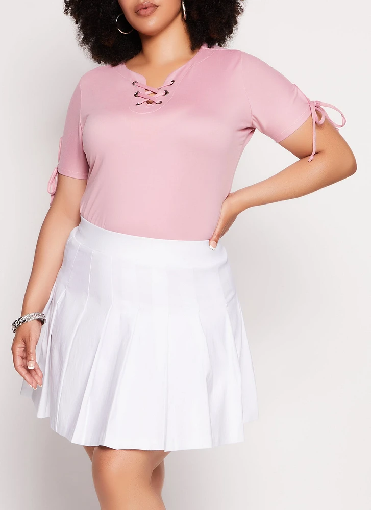 Womens Plus Lace Up Notch Neck Tie Sleeve Tee,