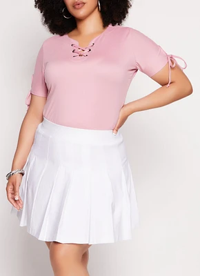 Womens Plus Lace Up Notch Neck Tie Sleeve Tee,