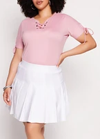 Womens Plus Lace Up Notch Neck Tie Sleeve Tee,