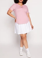 Womens Plus Lace Up Notch Neck Tie Sleeve Tee,