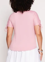 Womens Plus Lace Up Notch Neck Tie Sleeve Tee,
