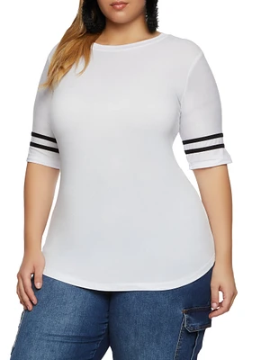 Womens Plus Size Varsity Striped Sleeve T Shirt, White, Size 3X