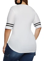 Womens Plus Size Varsity Striped Sleeve T Shirt, White, Size 3X