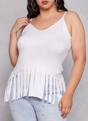 Womens Plus Size V Neck Fringe Hem Cami, White, Size 3X