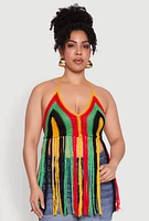 Womens Plus Tassel Fringe Crochet Halter Top, Multi,