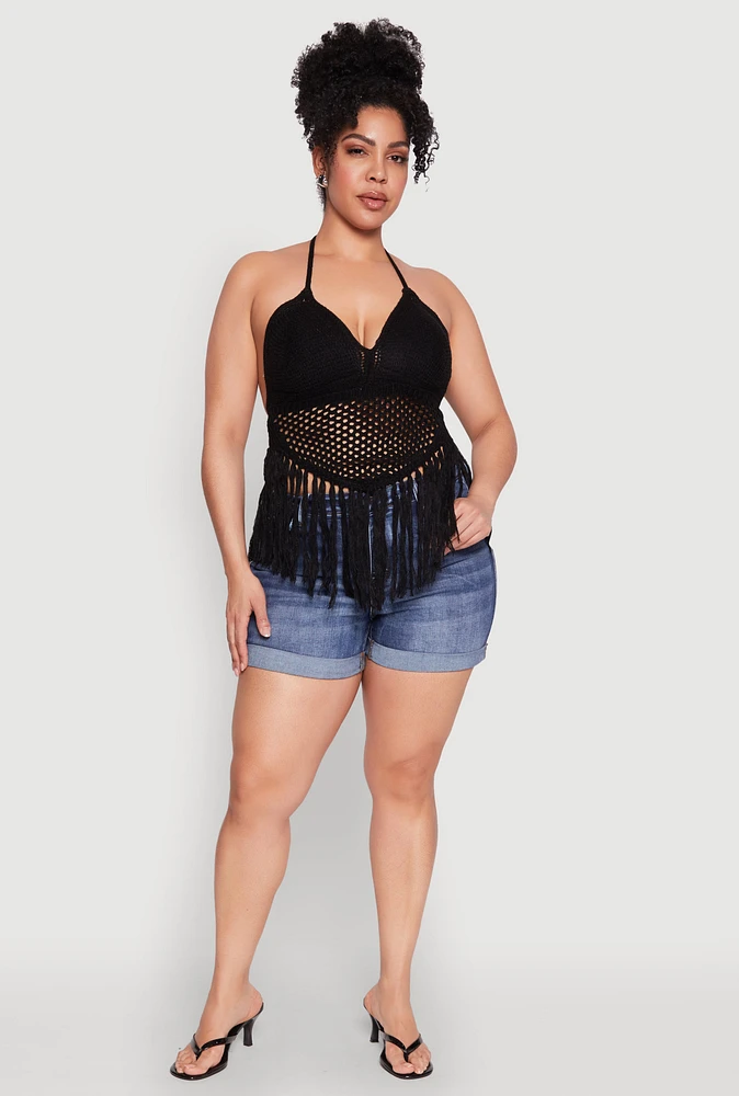 Womens Plus Size Tie Back Crochet Fringe Halter Top, Black, Size 1X