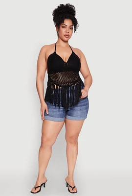 Womens Plus Size Tie Back Crochet Fringe Halter Top, Black, Size 1X