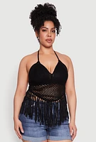 Womens Plus Size Tie Back Crochet Fringe Halter Top, Black, Size 1X