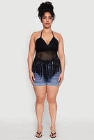 Womens Plus Size Tie Back Crochet Fringe Halter Top, Black, Size 1X