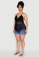 Womens Plus Size Tie Back Crochet Fringe Halter Top, Black, Size 1X