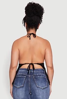 Womens Plus Size Tie Back Crochet Fringe Halter Top, Black, Size 1X