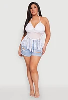 Womens Plus Size Tie Back Crochet Fringe Halter Top, White, Size 2X