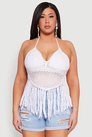 Womens Plus Size Tie Back Crochet Fringe Halter Top, White, Size 2X
