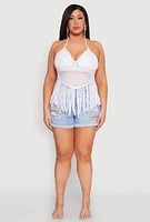 Womens Plus Size Tie Back Crochet Fringe Halter Top, White, Size 2X