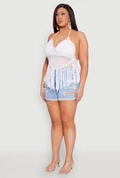 Womens Plus Size Tie Back Crochet Fringe Halter Top, White, Size 2X