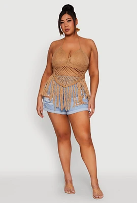 Womens Plus Tie Back Crochet Fringe Halter Top,