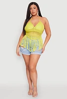 Womens Plus Tie Back Crochet Fringe Halter Top,