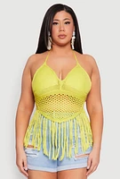 Womens Plus Tie Back Crochet Fringe Halter Top,