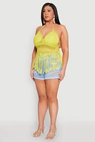 Womens Plus Tie Back Crochet Fringe Halter Top,