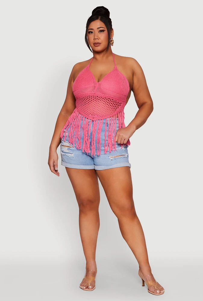 Womens Plus Size Tie Back Crochet Fringe Halter Top, Pink, Size 2X