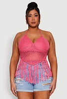 Womens Plus Size Tie Back Crochet Fringe Halter Top, Pink, Size 2X