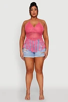 Womens Plus Size Tie Back Crochet Fringe Halter Top, Pink, Size 2X