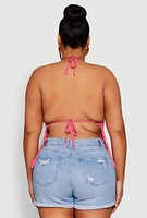 Womens Plus Size Tie Back Crochet Fringe Halter Top, Pink, Size 2X