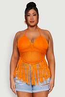 Womens Plus Size Tie Back Crochet Fringe Halter Top, Orange, Size 3X
