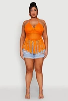 Womens Plus Size Tie Back Crochet Fringe Halter Top, Orange, Size 3X