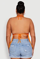 Womens Plus Size Tie Back Crochet Fringe Halter Top, Orange, Size 3X