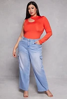 Womens Plus Size Daisy Keyhole Shoulder Bodysuit, Orange, Size 1X