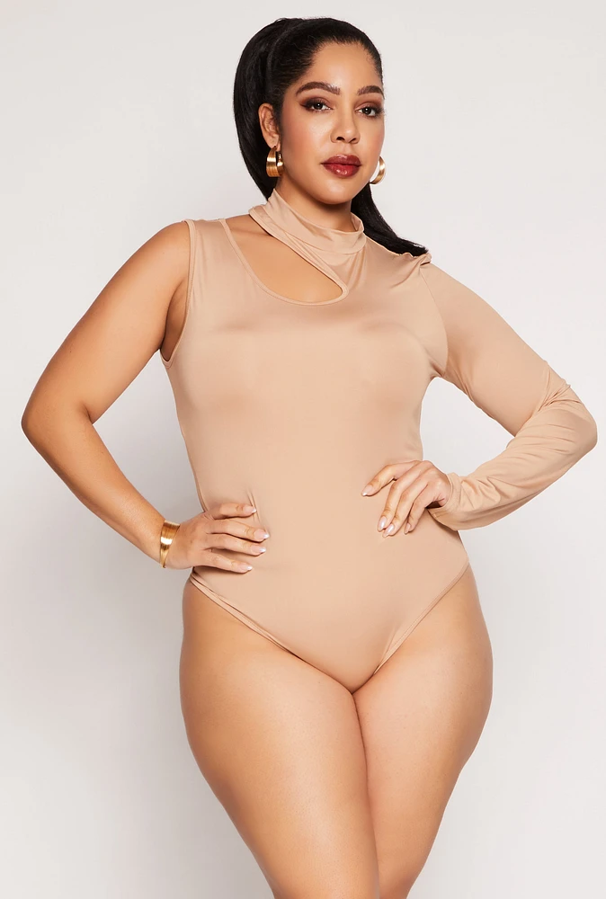 Womens Plus Size Daisy Keyhole Shoulder Bodysuit, Beige, Size 1X