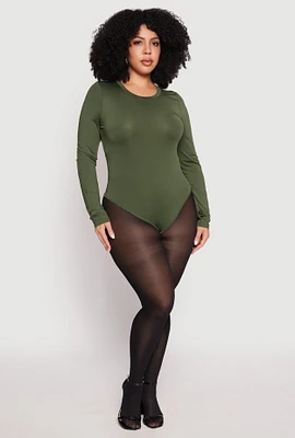 Womens Plus Size Daisy Long Sleeve Bodysuit, Green, Size 1X