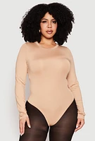Womens Plus Size Daisy Long Sleeve Bodysuit, Beige, Size 1X
