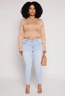 Womens Plus Daisy Long Sleeve Crop Top,