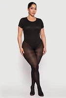 Womens Plus Size Daisy Rib Knit Crew Neck Bodysuit, Black, Size 1X