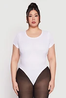 Womens Plus Size Daisy Rib Knit Crew Neck Bodysuit, White, Size 1X