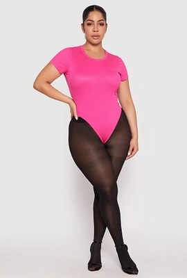 Womens Plus Size Daisy Rib Knit Crew Neck Bodysuit, Pink, Size 1X