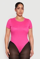 Womens Plus Size Daisy Rib Knit Crew Neck Bodysuit, Pink, Size 1X