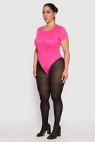 Womens Plus Size Daisy Rib Knit Crew Neck Bodysuit, Pink, Size 1X