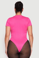 Womens Plus Size Daisy Rib Knit Crew Neck Bodysuit, Pink, Size 1X