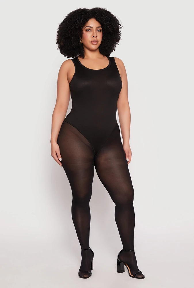 Womens Plus Daisy Ribbed Knit Tank Thong Bodysuit, 3X