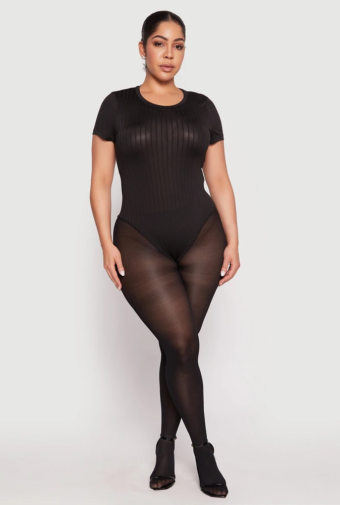 Womens Plus Size Daisy Crew Neck Rib Knit Bodysuit, Black, Size 2X
