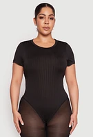 Womens Plus Size Daisy Crew Neck Rib Knit Bodysuit, Black, Size 2X