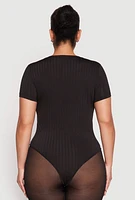 Womens Plus Size Daisy Crew Neck Rib Knit Bodysuit, Black, Size 2X